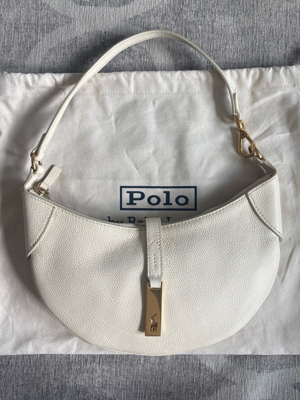 Polo by Ralph Lauren Cream Crescent Leather Shoulder Bag with Gold Hardware